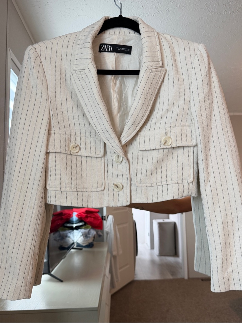 Zara Cream Cropped Pinstripe Blazer with black Stripes